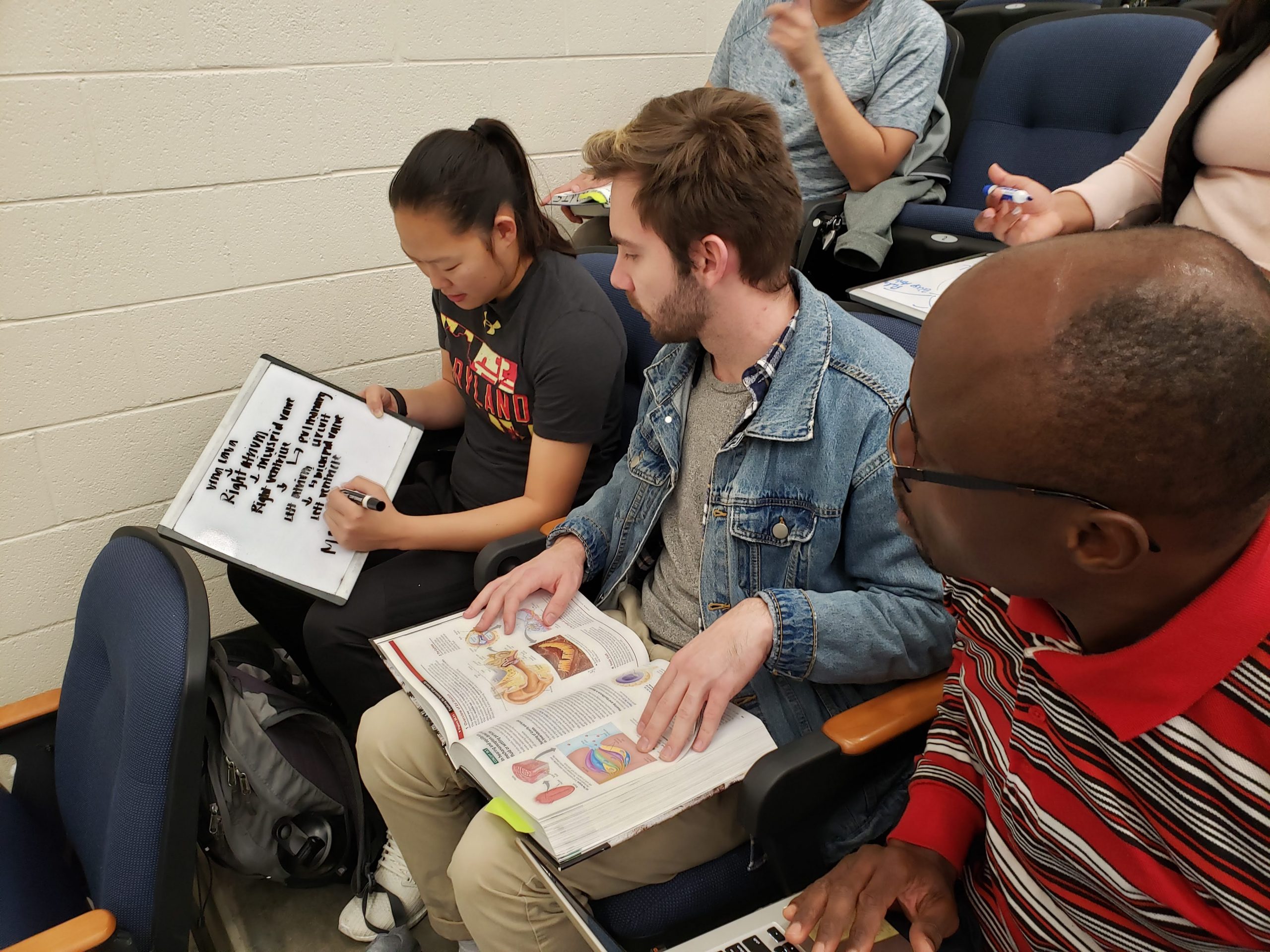 Group of students going over a practice question during a supplemental instruction (SI) session in Eberhardt building at UNCG.
